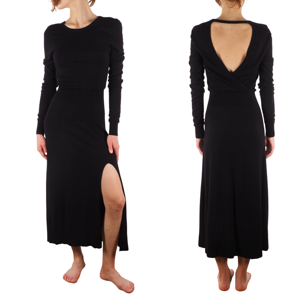 Maje Black Wool Drape Sweater Rolland Open Back Midi Dress size 1/Small 0260